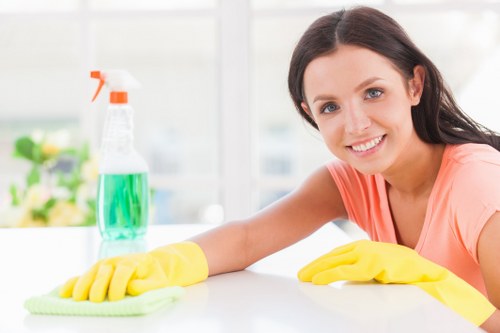 Cleaner maintaining a tidy flat during regular cleaning in E8